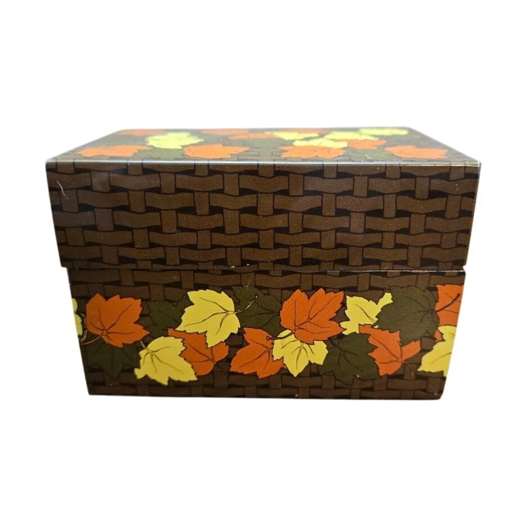 VTG Autumn Thanksgiving‎ Tin Recipe Box Syndicate Mfg Fall Leaves MCM